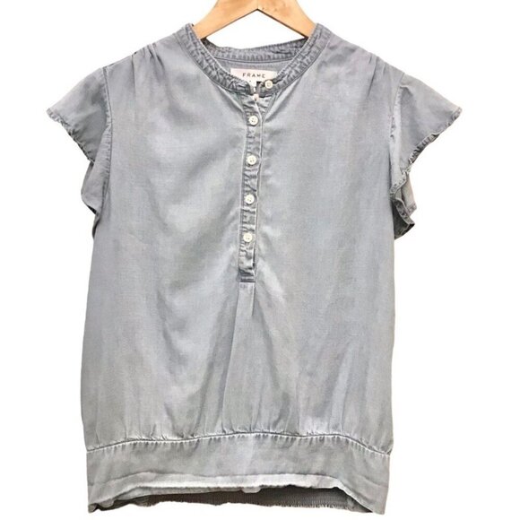 FRAME Large Flutter Sleeve Smocked Chambray Women’s Linen Blend Top Blouse - Picture 1 of 10